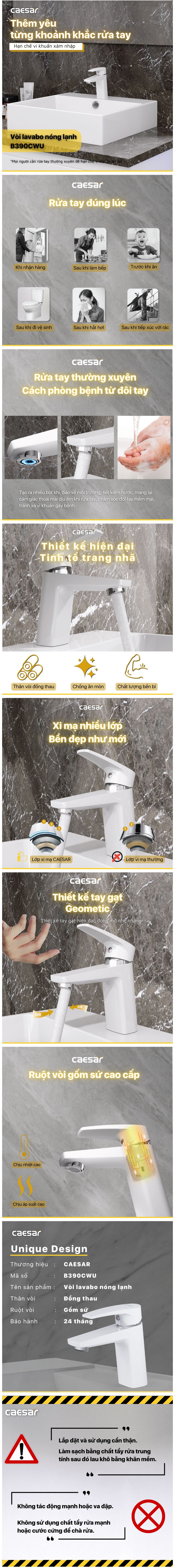 Thông tin vòi lavabo Caesar 1 lỗ B390CWU nóng lạnh
