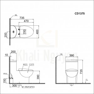 Bản Vẽ Bồn Cầu CAESAR CD1375 Một Khối Nắp Êm