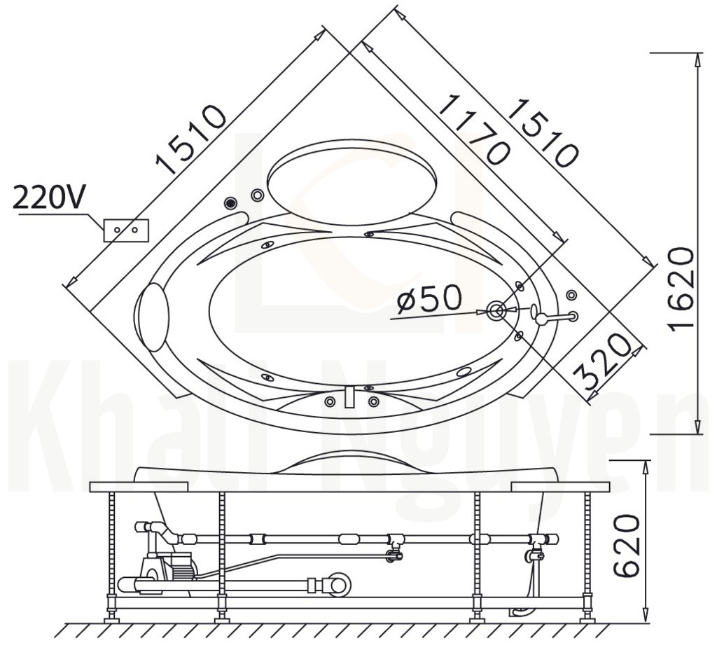 Bản vẽ kỹ thuật bồn tắm Caesar MT5150 Chân Yếm