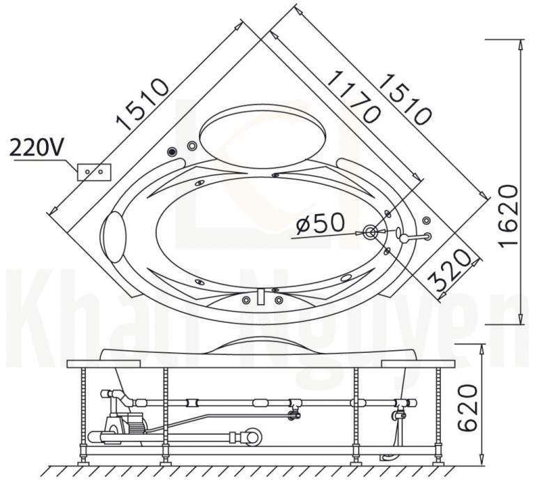 Bản vẽ kỹ thuật bồn tắm Caesar MT5150 Chân Yếm