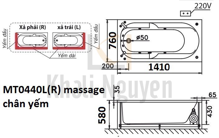 Bản vẽ kỹ thuật bồn tắm dài Caesar massage MT0440L(R) 1,4M