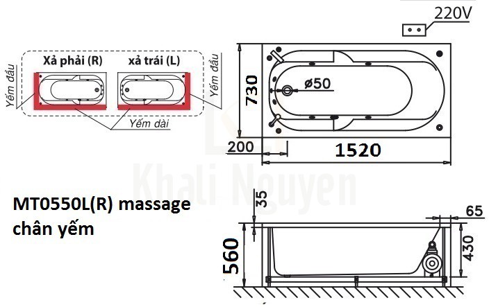 Bản vẽ kỹ thuật bồn tắm CAESAR MT0550L/R 1,5M