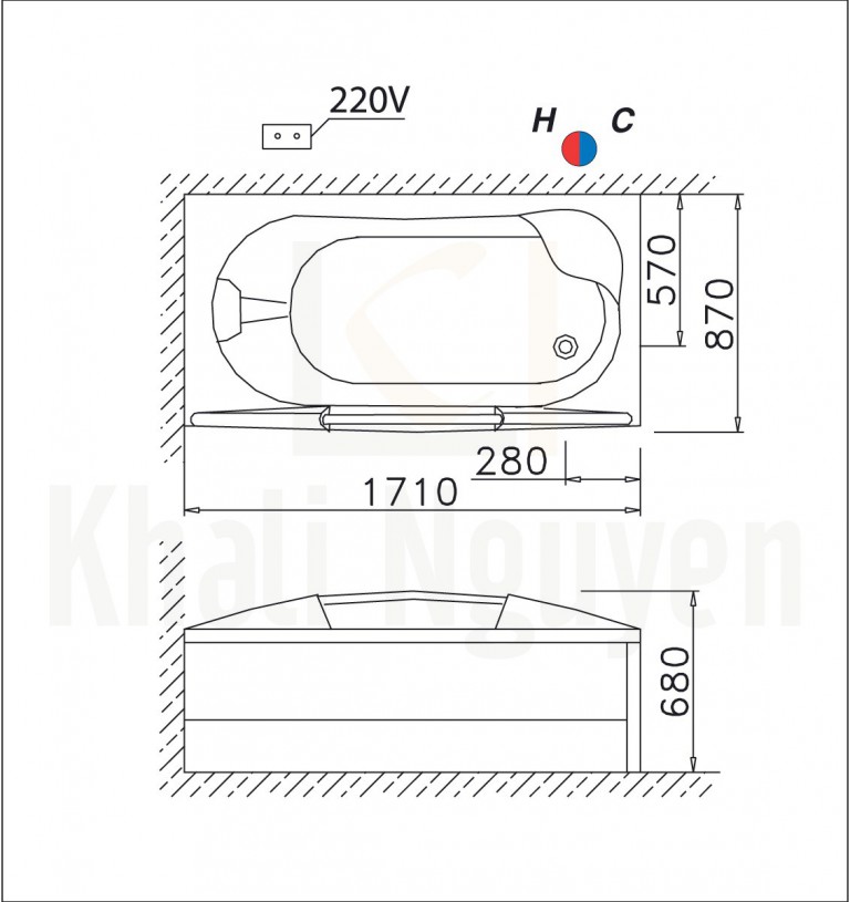 Bản vẽ kỹ thuật bồn tắm CAESAR MT3370L/R 1.7M