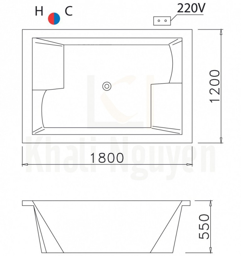 Bản vẽ kỹ thuật bồn tắm CAESAR MT7180C Có Đèn