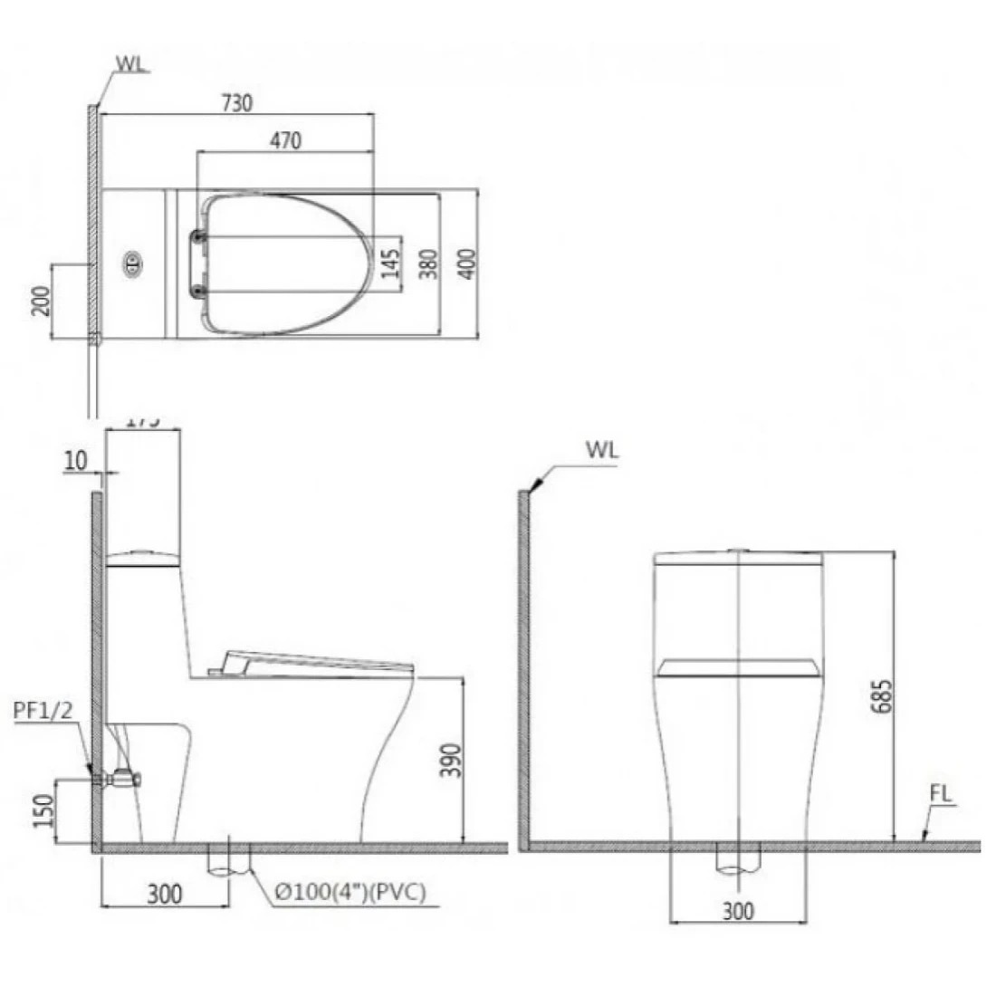 Bản vẽ bồn cầu nắp rửa điện tử Caesar C1356F+TAF512H