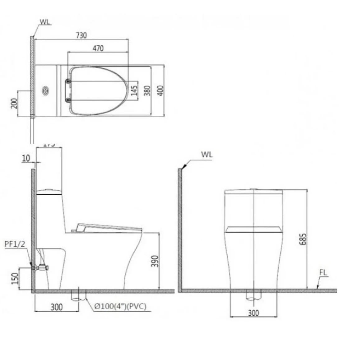 Bản vẽ bồn cầu nắp rửa điện tử Caesar C1356F+TAF610H