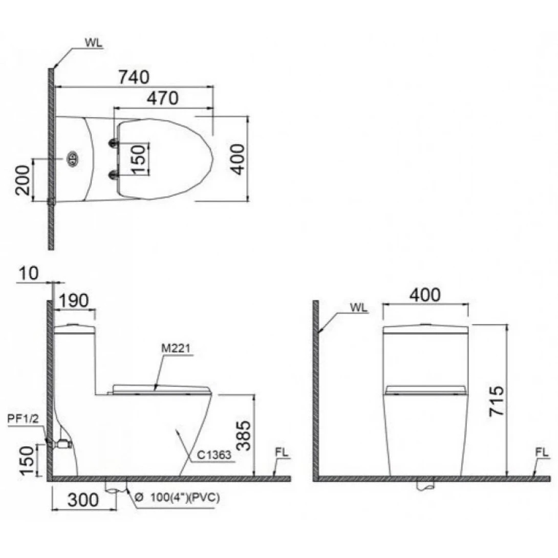 Bản vẽ bồn cầu nắp rửa điện tử Caesar C1363F+TAF512H