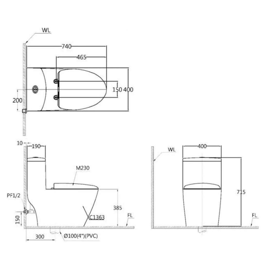Bản vẽ bồn cầu nắp rửa điện tử Caesar C1363F+TAF610H