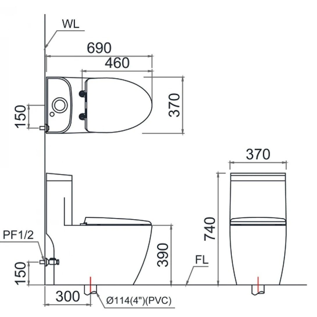 Bản vẽ bồn cầu nắp rửa điện tử Caesar C1364F+TAF610H