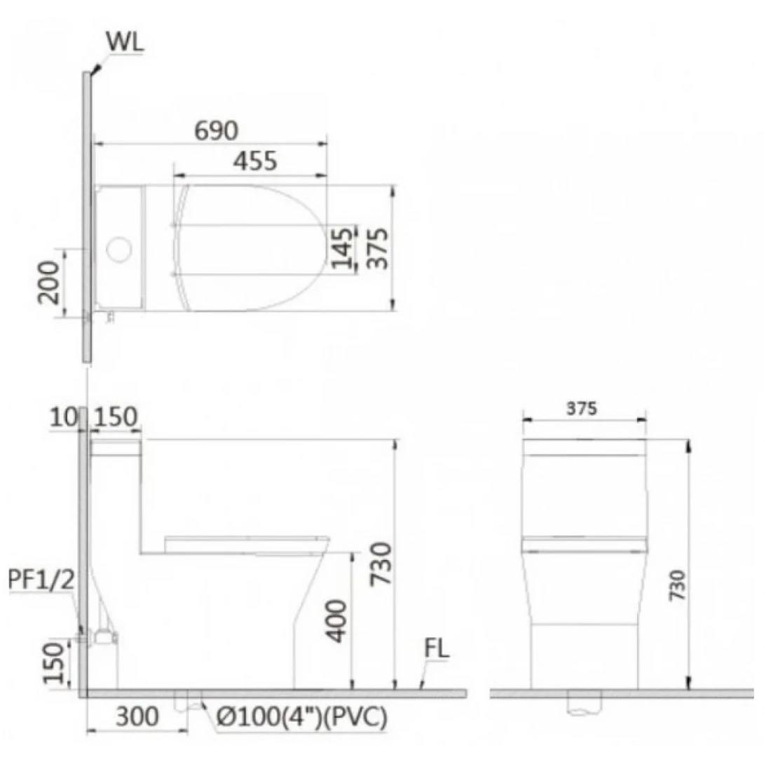 Bản vẽ bồn cầu nắp rửa điện tử Caesar C1374F+TAF610H