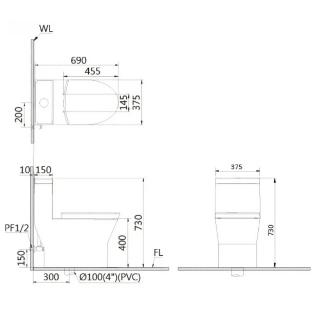 Bản vẽ bồn cầu nắp rửa điện tử Caesar C1375F + TAF610H