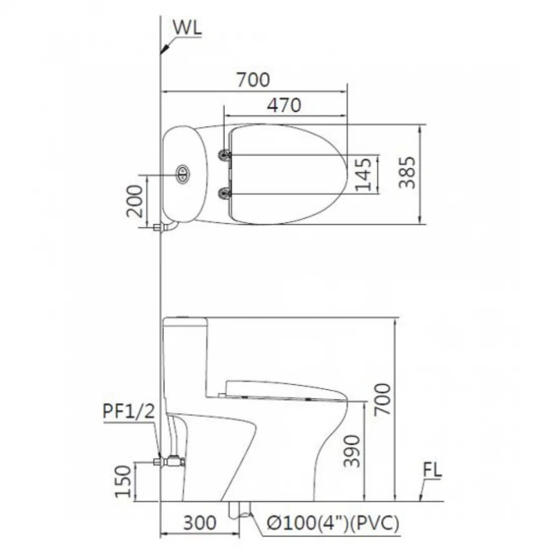 Bản vẽ bồn cầu nắp rửa điện tử Caesar C1394F+TAF512H