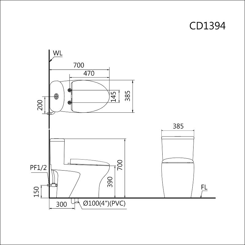 Bản vẽ bồn cầu nắp rửa điện tử Caesar C1394F+TAF610H