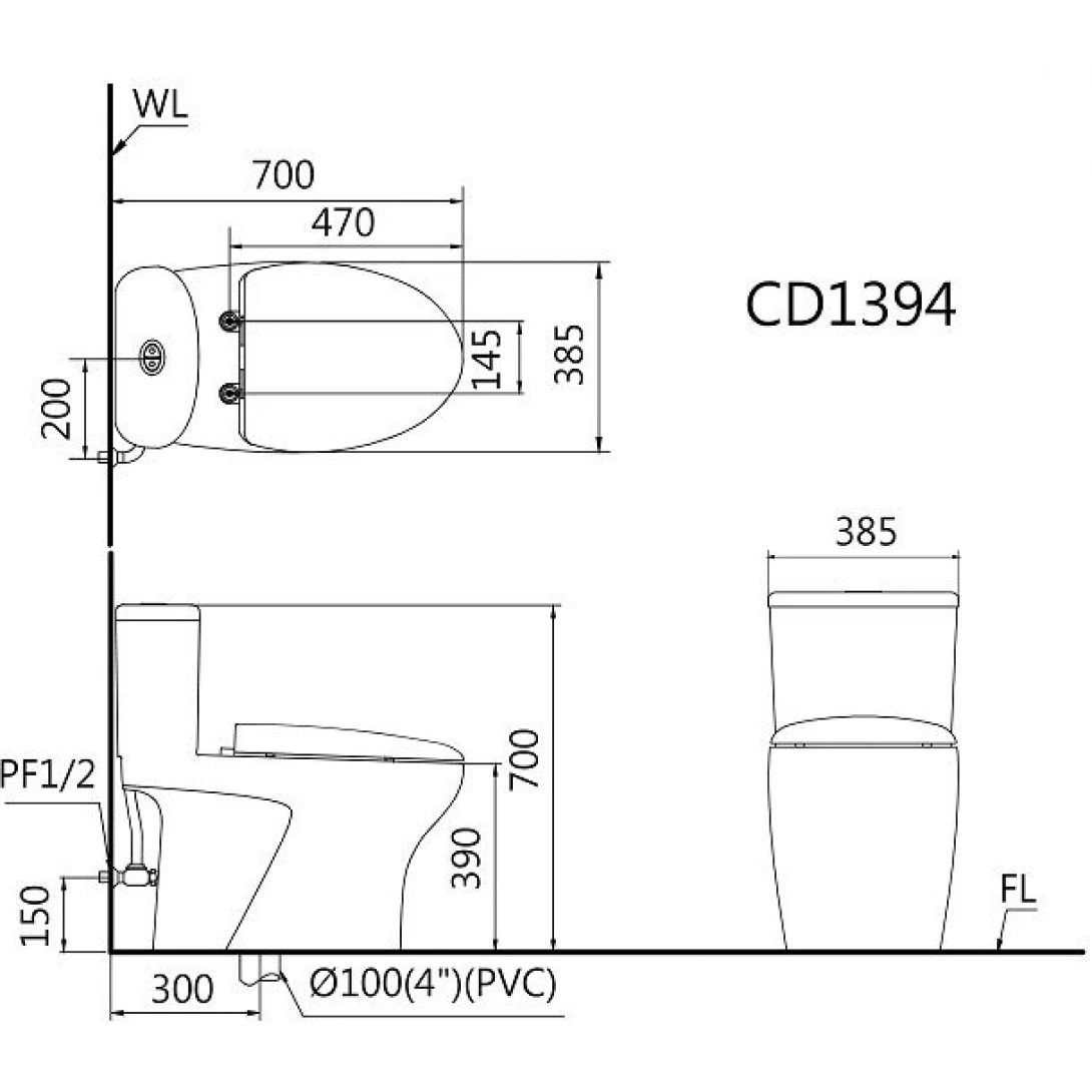 Bản vẽ bồn cầu nắp rửa điện tử Caesar C1394F+TAF710H