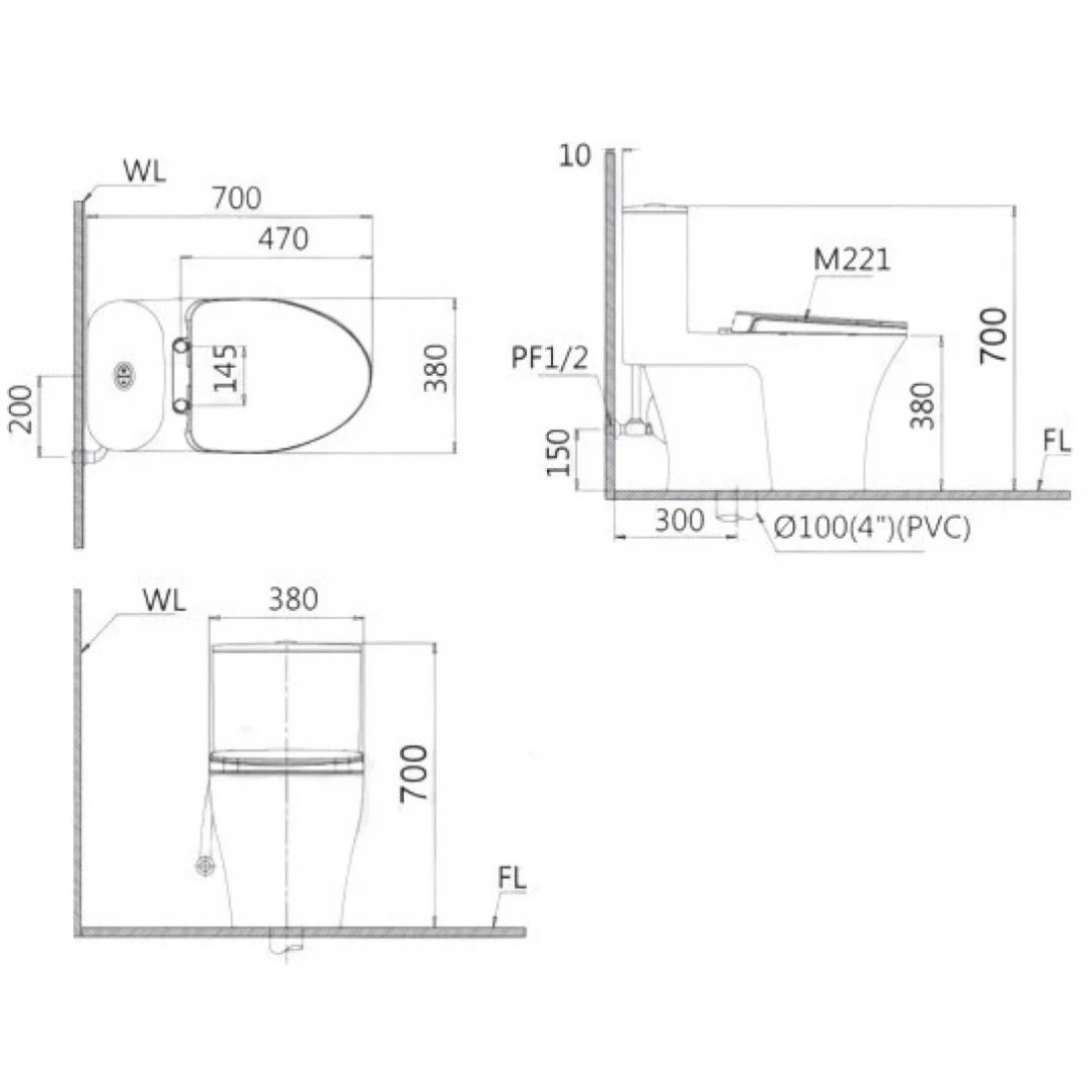 Bản vẽ bồn cầu nắp rửa điện tử Caesar C1395F+TAF512H