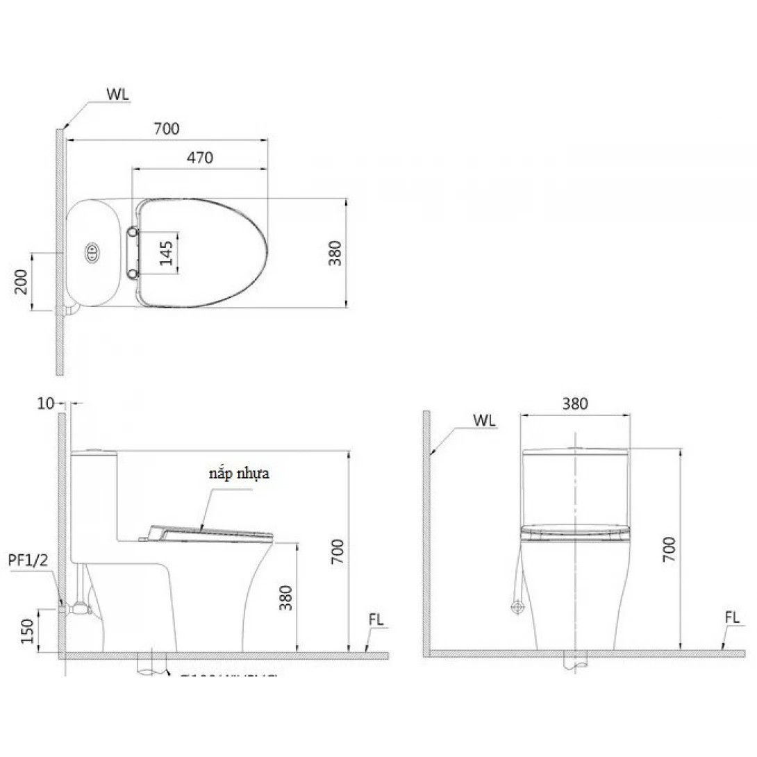 Bản vẽ bồn cầu nắp rửa điện tử Caesar C1395F+TAF610H