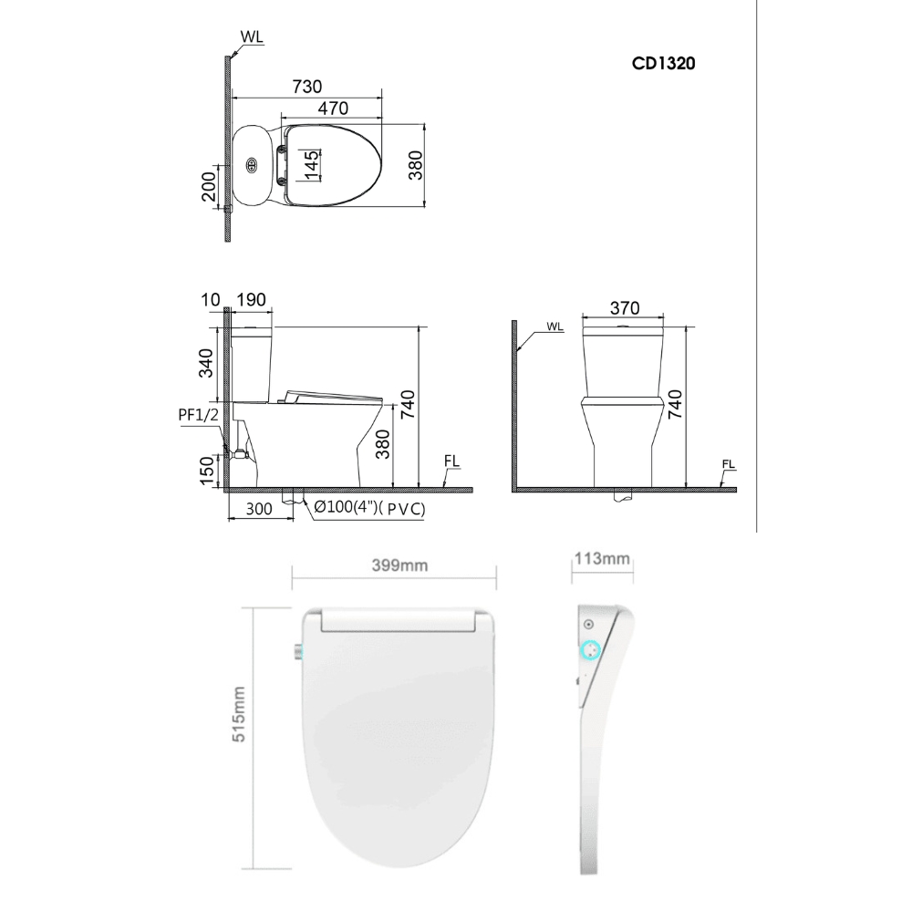 Bản vẽ bồn cầu nắp rửa điện tử Caesar CD1320+TAF512H