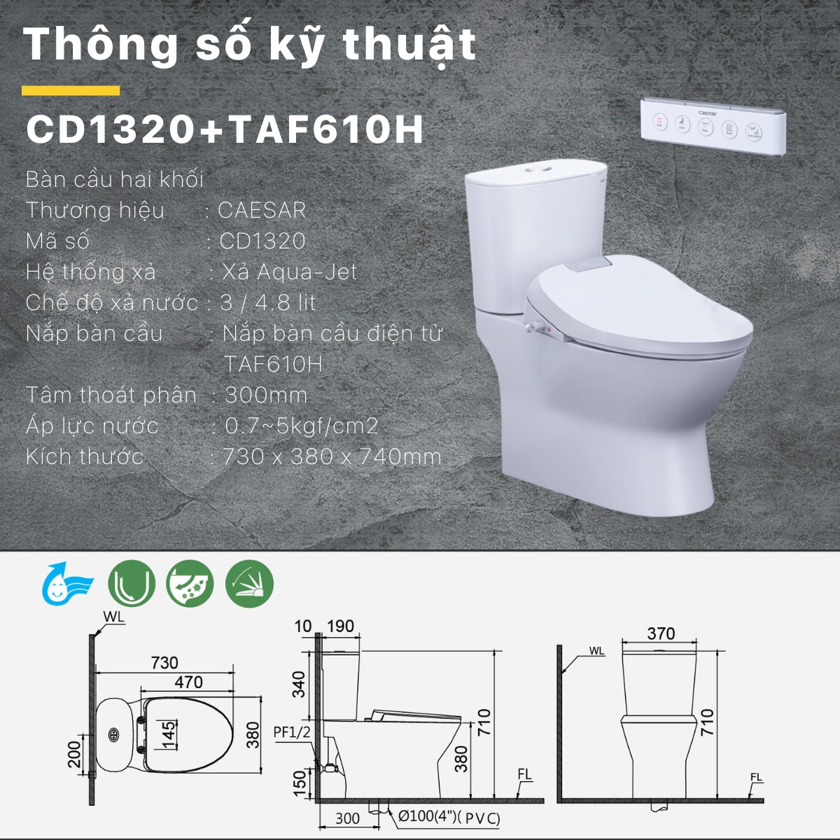 Bản vẽ bồn cầu nắp rửa điện tử Caesar CD1320+TAF610H