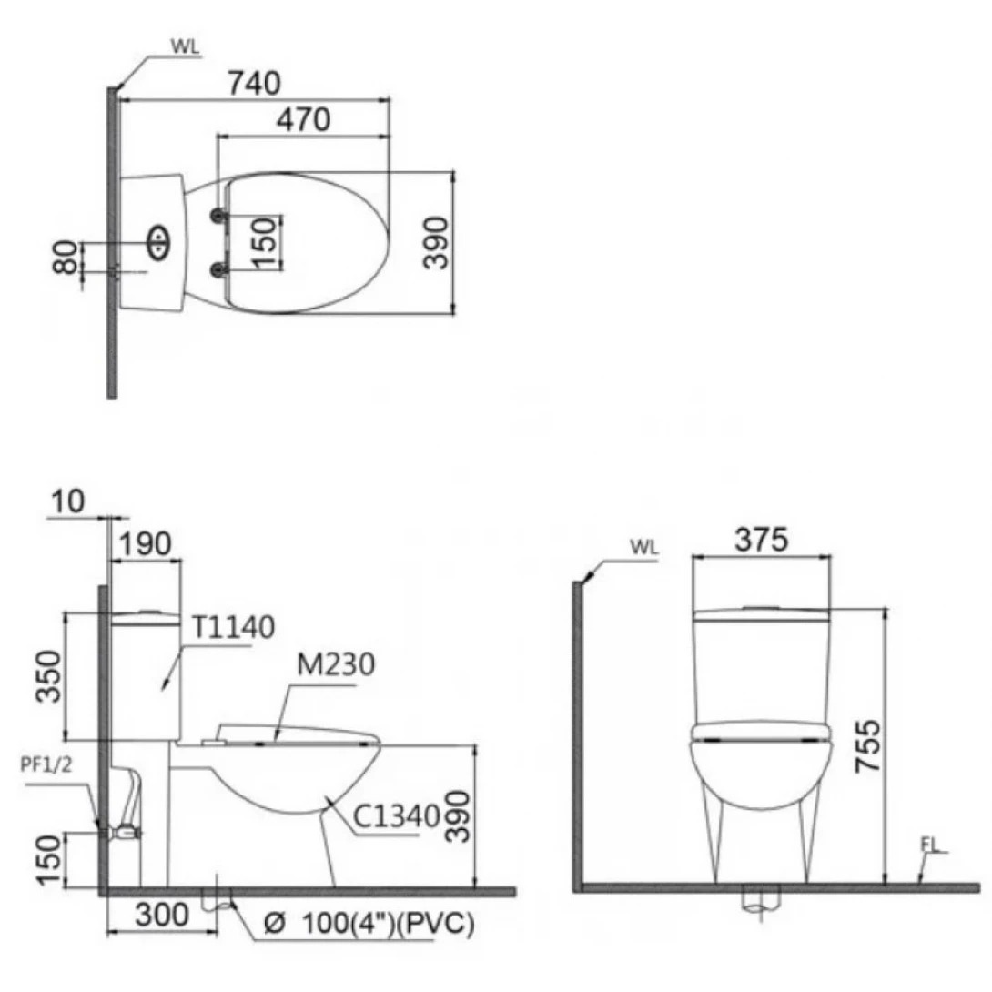 Bản vẽ bồn cầu nắp rửa điện tử Caesar CD1340+TAF512H
