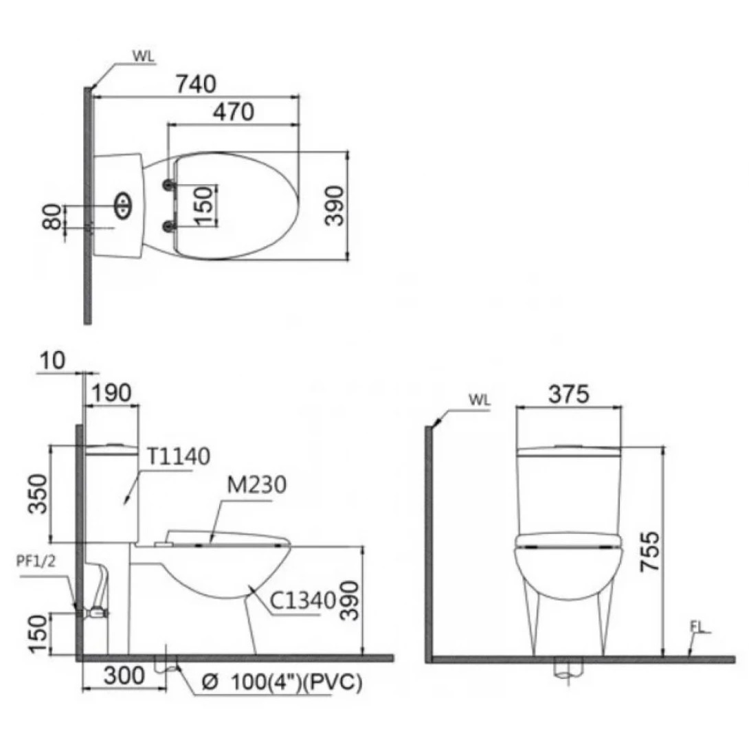 Bản vẽ bồn cầu nắp rửa điện tử Caesar CD1340 + TAF610H