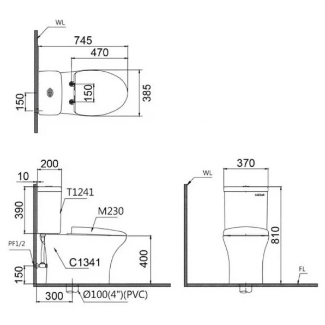 Bản vẽ bồn cầu nắp rửa điện tử Caesar CD1341+TAF512H