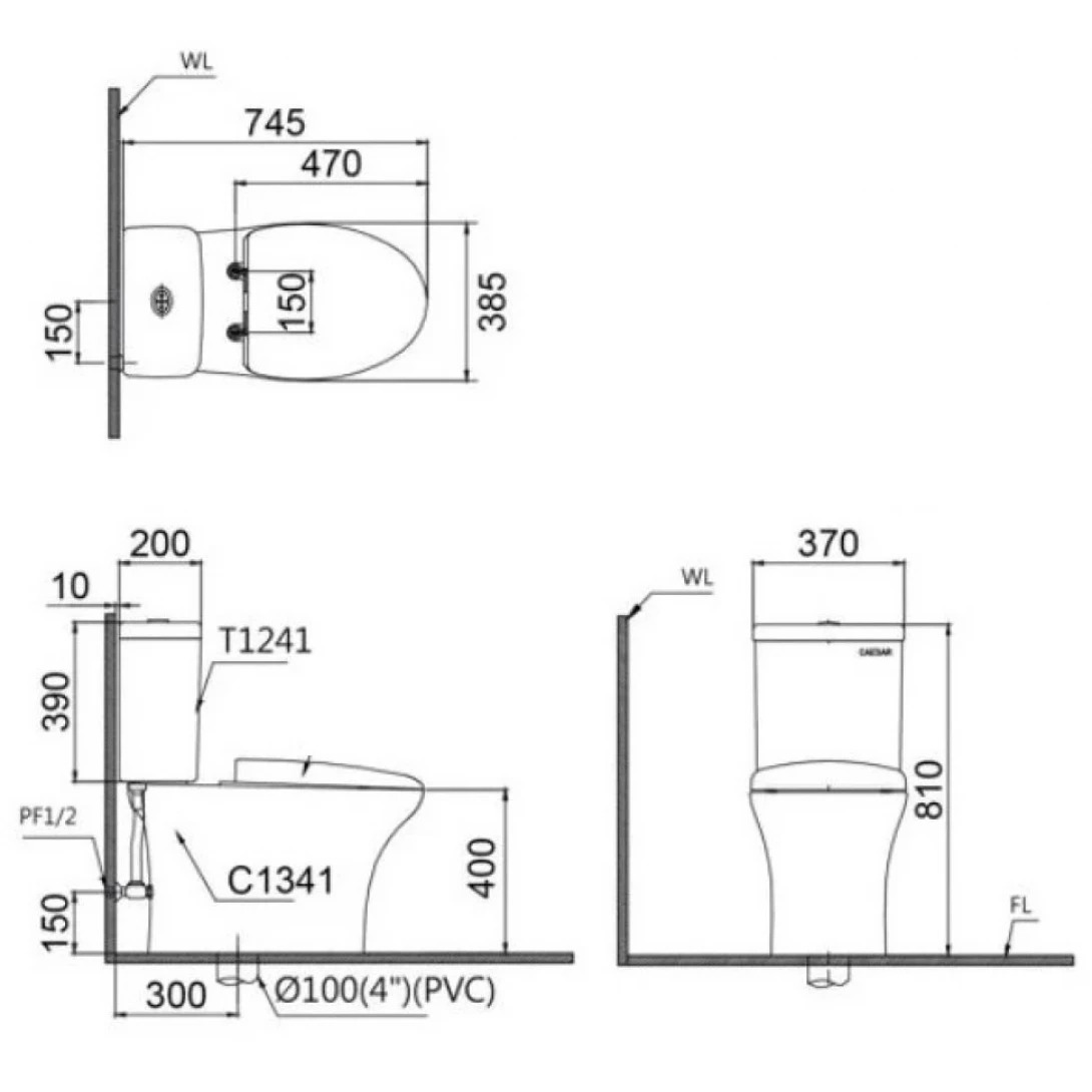 Bản vẽ bồn cầu nắp rửa điện tử Caesar CD1341+TAF610H