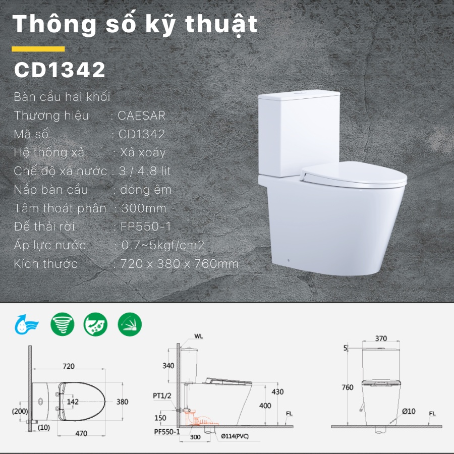 Thông số bồn cầu Caesar CD1342