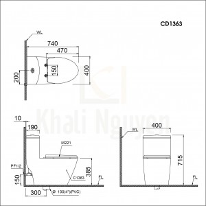Bản Vẽ Bồn Cầu 1 Khối Caesar CD1363 Nắp Đóng Êm