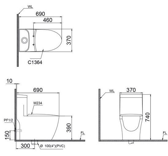 Bản Vẽ Bồn Cầu Caesar 1 Khối CD1364/TAF400H Nắp Rửa Điện Tử