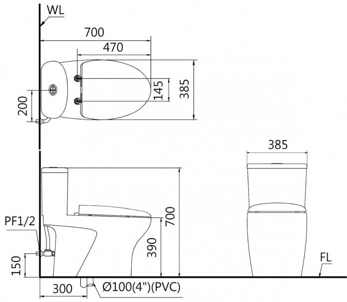 Bản Vẽ Bồn Cầu Nắp Rửa Cơ CAESAR CD1394/TAF060 1 Khối