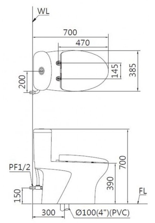 Bản Vẽ Bồn Cầu Điện Tử CAESAR CD1394/TAF200H 1 Khối