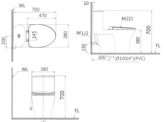 Bản Vẽ Bồn Cầu Nắp Rửa Cơ CAESAR CD1395/TAF050 1 Khối