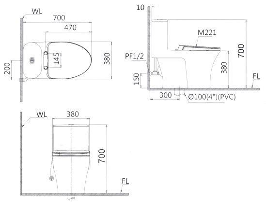 Bản Vẽ Bồn Cầu Nắp Điện Tử CAESAR CD1395/TAF200H 1 Khối