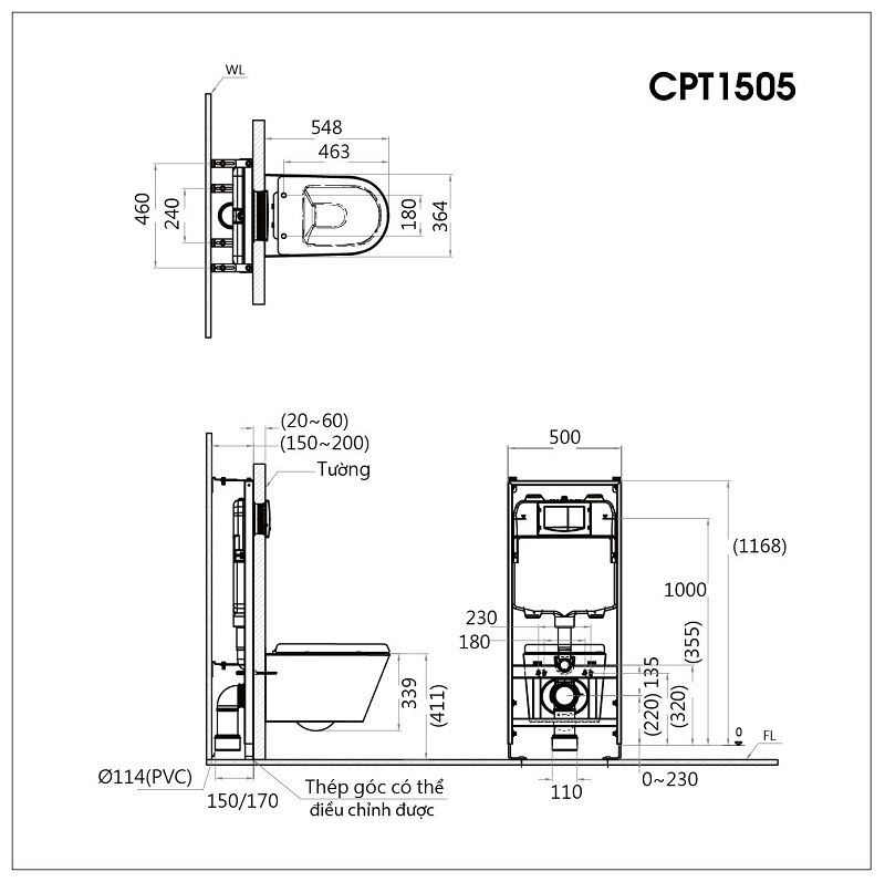 Bản vẽ bồn cầu treo tường Caesar CPT1505