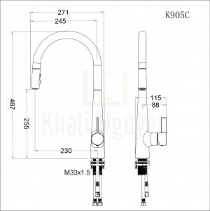 Bản vẽ Vòi Rửa Bát Caesar K415C Nóng Lạnh Rút Dây