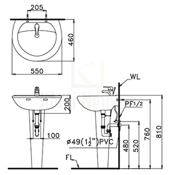 Bản Vẽ Chậu Rửa Lavabo Caesar Chân Dài L2220/P2437