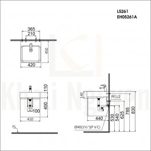 Bản vẽ kỹ thuật Chậu Rửa Lavabo đặt bàn Caesar LF5261 và tủ EH05261A