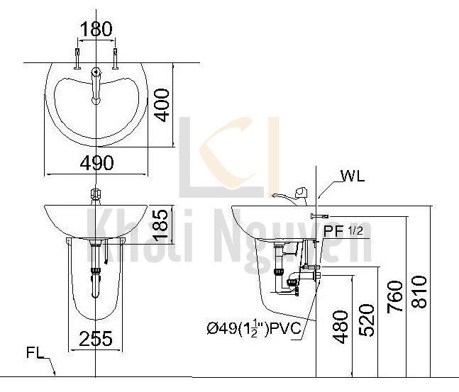 Bản vẽ kỹ thuật chậu Caesar L2150 P2441