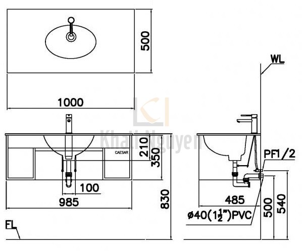 Bản vẽ kĩ thuật lavabo treo tường Caesar LF5028+EH6100V​​​