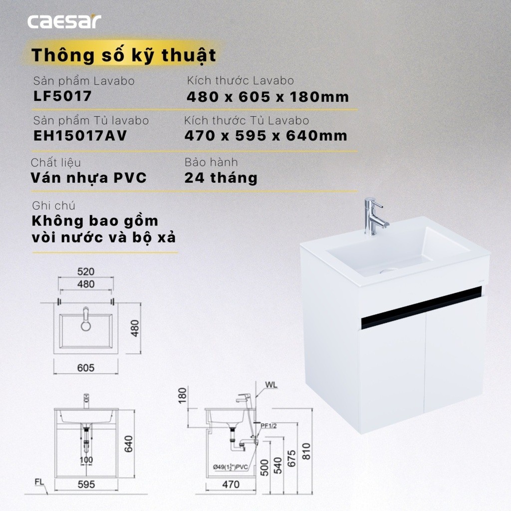 Thông số sản phẩm bộ tủ chậu lavabo Caesar LF5017+EH15017AV