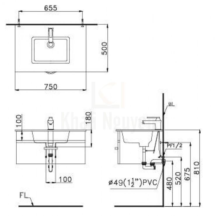 Bản Vẽ Chậu Rửa Lavabo Bàn Sứ CAESAR LF5032 Liền Bàn