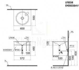 Bản Vẽ Bộ Tủ Lavabo Caesar LF5038/EH05038AV Treo Tường 
