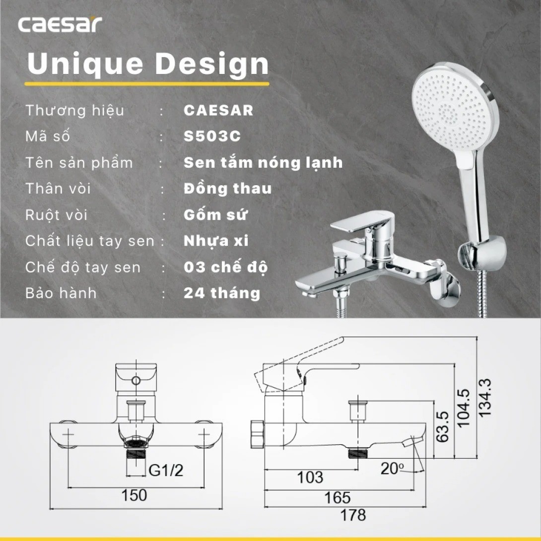 Bản vẽ sen tắm thường Caesar S503C