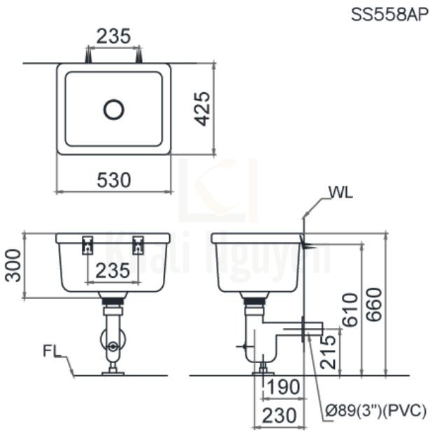 Bản Vẽ Chậu Giặt Xả Vào Tường CAESAR SS558AP (Bộ xả BF558P)