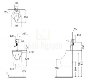 Bản Vẽ Bệ Tiểu Nam Caesar U0233 Treo Tường