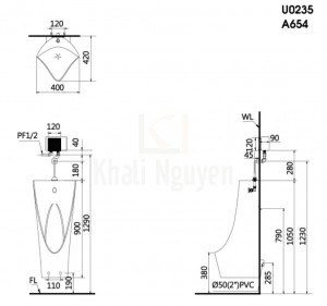 Bản Vẽ Bệ Tiểu Nam Caesar U0235 Treo Tường