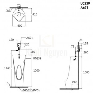 Bản Vẽ Bệ Tiểu Nam CAESAR U0239 Đặt Sàn