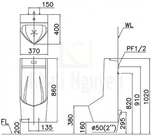 Bản Vẽ Bệ Tiểu Cảm Ứng CAESAR UA0283 Treo Tường