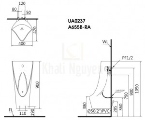 Bản Vẽ Bệ Tiểu Cảm Ứng CAESAR UA0237 Treo Tường