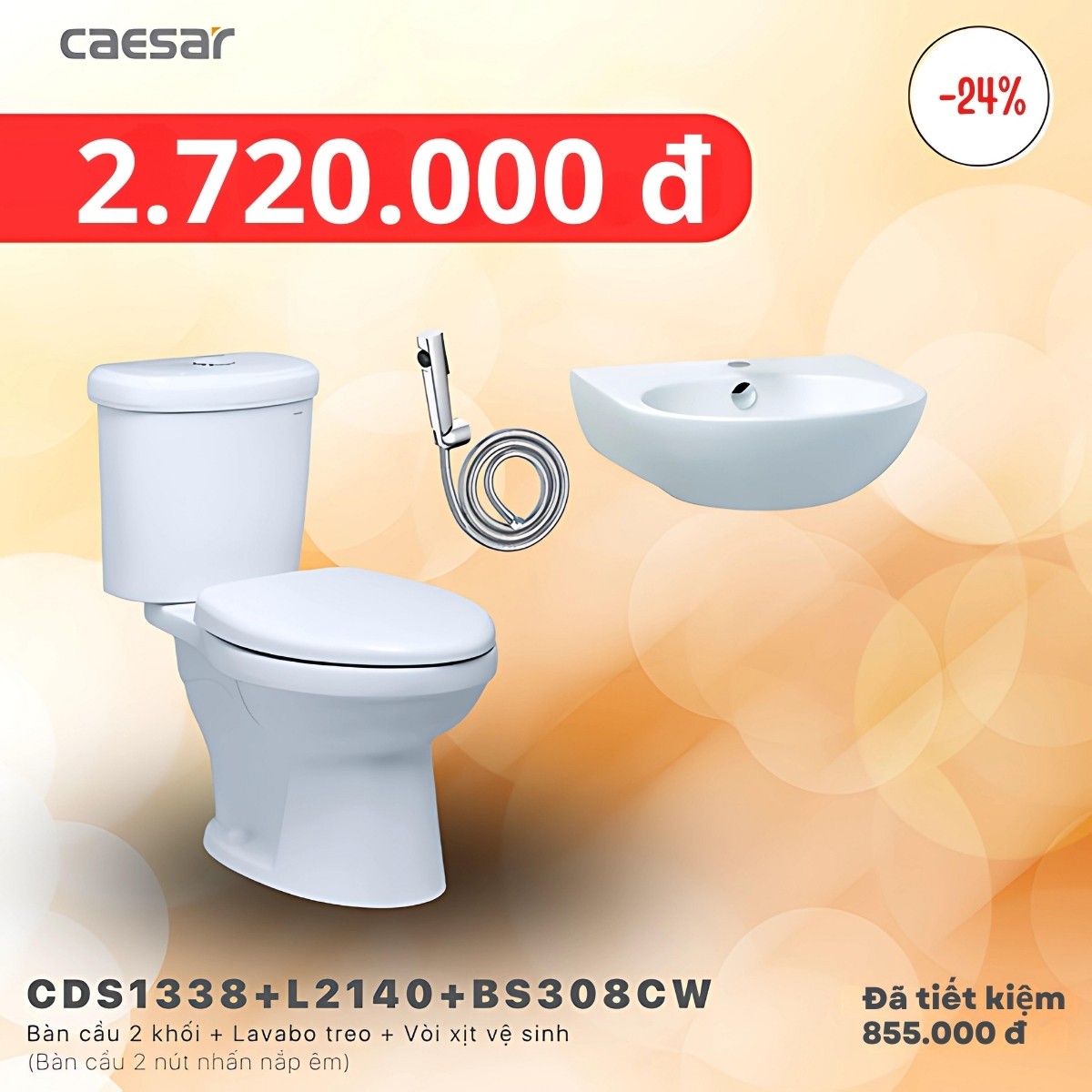 Combo KM bồn cầu+ lavabo + vòi xịt Caesar CDS1338 + L2140+ BS308CW